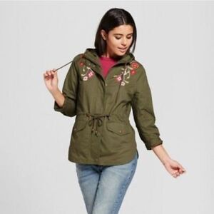 Xhilaration Junior Floral Embroidered Anorak Jacket Olive Utility Outdoor Size L